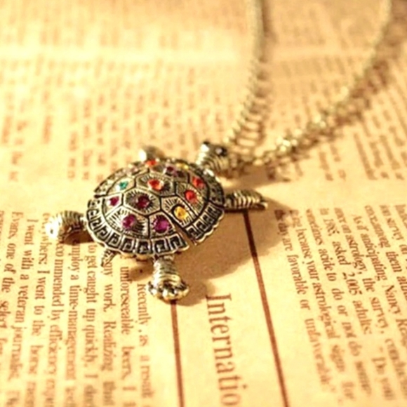 TURTLE Long Sweater Necklace Bronze & Colorful Rainbow Crystal Rhinestones - Picture 2 of 9